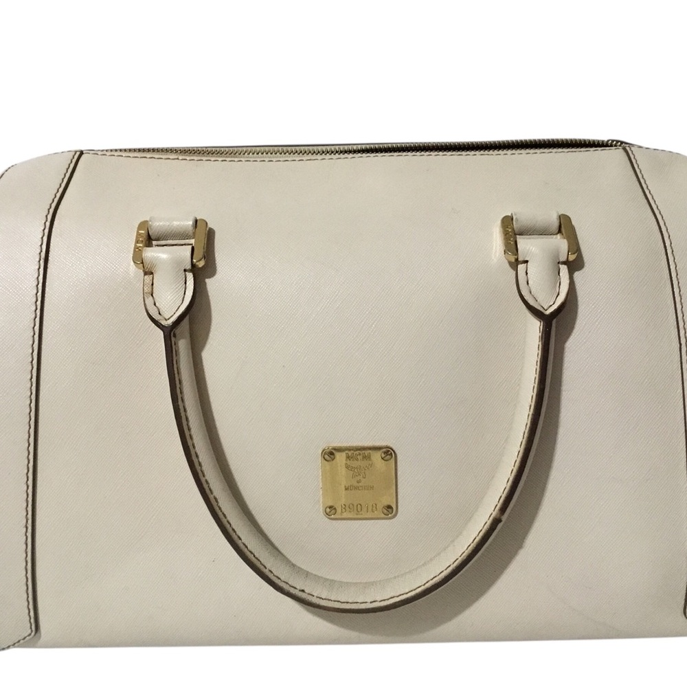 Authentic MCM Cream Satchel with Gold Accents